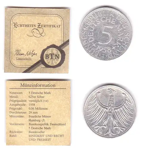 5 Mark Silbermünze Kursmünze BRD 1958 J Jäger 387 (111966)