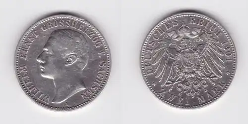 2 Mark Silber Münze Wilhelm Ernst Sachsen Weimar Eisenach 1901 f.vz (135381)