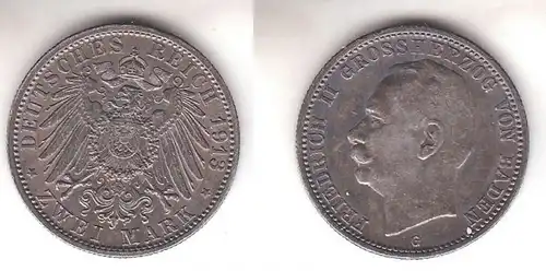 2 Mark Silbermünze Baden Großherzog Friedrich II 1913 Jäger 32  (112042)
