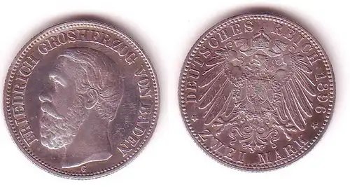 2 Mark Argent Monnaie Baden Grand-Duc Friedrich 1896 vz/Stgl. (105491)
