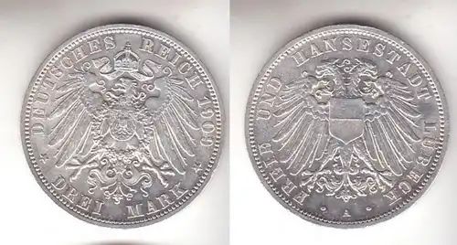 3 Mark Pièces d'argent Free et Hansestadt de Lubeck 1909 Jäger 82 (111555)