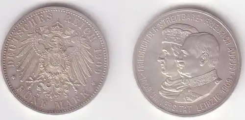 5 Mark Silber Münze Sachsen 500 Jahre Uni Leipzig 1909 (BN4189)