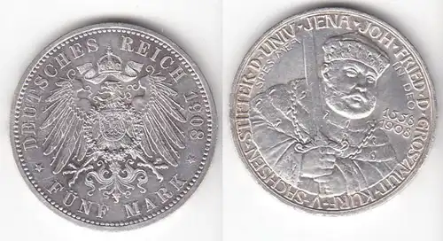 5 Mark pièce d'argent Saxe Weimar Eisenach Uni Jena 1908 Chasseur 161 (110685)