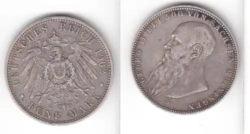 5 Mark Silbermünze Sachsen Meiningen Herzog Georg II 1902 Jäger 153 b  (110029)