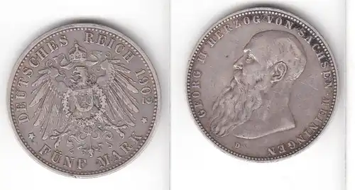 5 Mark pièce d'argent Saxe Meiningen Herzog Georg II 1902 Chasseur 153 b (110029)