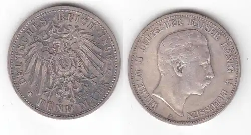 5 Mark Silber Münze Preussen Wilhelm II 1896 A f.vz (118910)