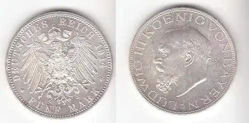 5 Mark Silbermünze Bayern König Ludwig III  1914 Jäger 53  (110937)