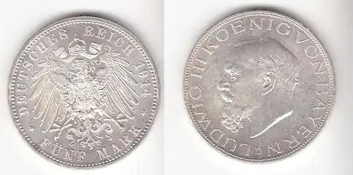 5 Mark pièce d'argent Bayern Roi Louis III 1914 Chasseur 53 (110937)