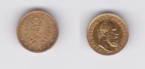 5 Mark pièce d'argent Wurtemberg roi Charles 1877 chasseur 288 (134995)
