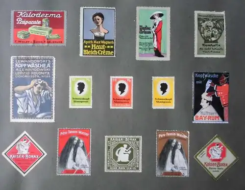 altes Sammelalbum mit etwa 600 Reklamemarken Vignetten um 1913 (112774)