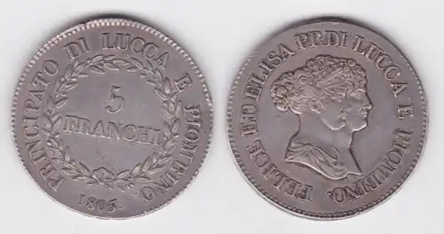 5 Franchi Argent Pièce Italie Principato di Lucca e Pionbino 1805 f.vz (142873)