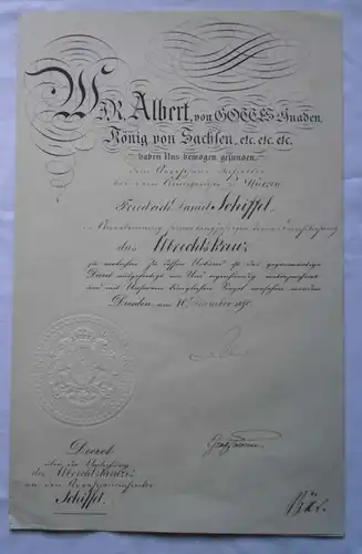 seltene Urkunde Sachsen zum Albrechtskreuz 1890