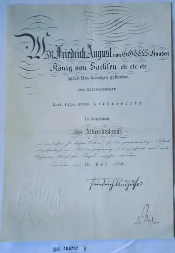 seltene Urkunde Sachsen zum Albrechtskreuz 1916