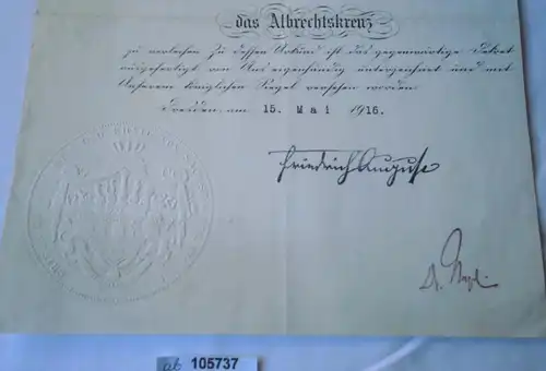 seltene Urkunde Sachsen zum Albrechtskreuz 1916