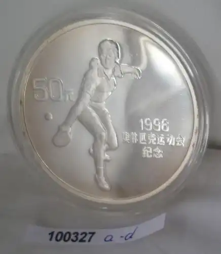 Silber Münze China 50 Yuan 1995 Tischtennisspielerin PP + Schachtel + Zertifikat