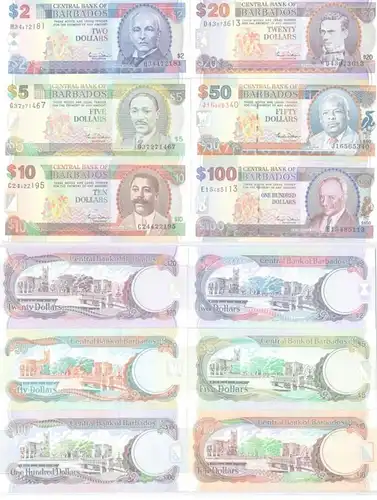 2 bis 100 Dollar Banknoten Barbados (2000) Pick 60-65 UNC (115848)