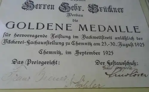 seltene Urkunde und Medaille Backwettstreit Chemnitz 1925 (119210)