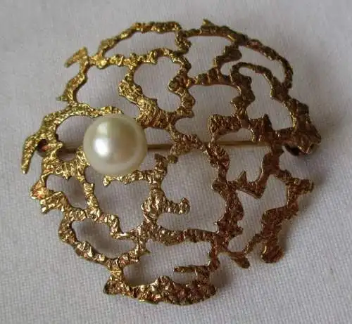 elegante 585er Gold Brosche außergewöhnlicher Stil mit Perle (115470)