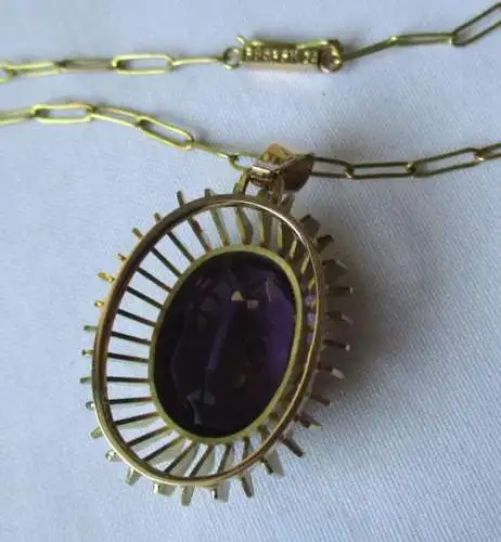 charmante 585er Gold Kette Handarbeit mit riesigem Amethyst Anhänger (125321)