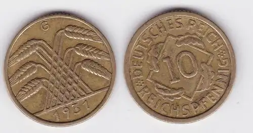 10 Reichspfennig laiton pièce Reiche allemand 1931 G, chasseur 317 (126698)