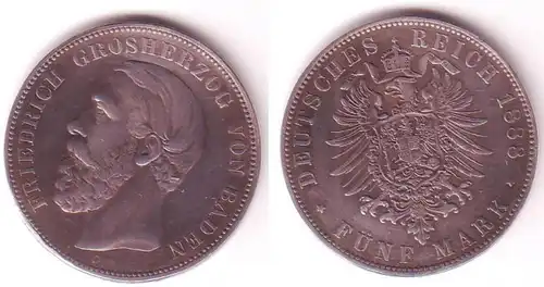 5 Mark Silber Münze Baden A ohne Querstrich 1888 G f.vz/vz (102153)