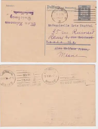 96934 DR Ganzsache P159 Max Heimann Duisburg an eine Mademoiselle in Paris 1926