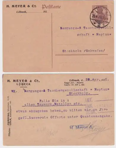 96983 Ganzsachen Postkarte P116 Zudruck H. Meyer & Co. Lübeck - Stockholm 1920