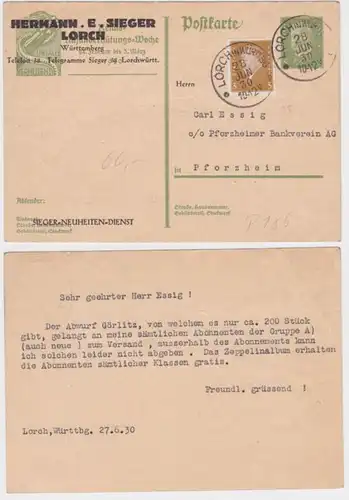 97008 DR Ganzsache Postkarte P186 Überdruck Hermann E. Sieger Lorch 1930