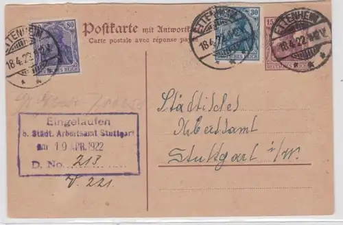 97905 DR Ganzsachen Postkarte P118F Ettenheim an das Städt. Arbeitsamt Stuttgart