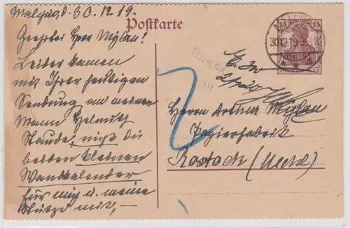 97913 DR Ganzsachen Postkarte P116 Malchin nach Rostock 1919