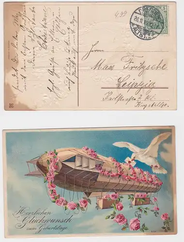 19189 Glückwunsch zum Geburtstag Ak geschmückter Zeppelin und Brieftaube 1910
