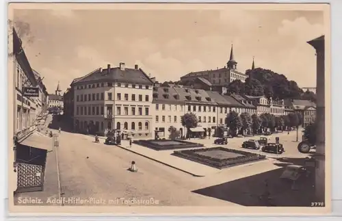 73523 Ak Schleiz Platz mit Teichstrasse und etlichen Autos 1938