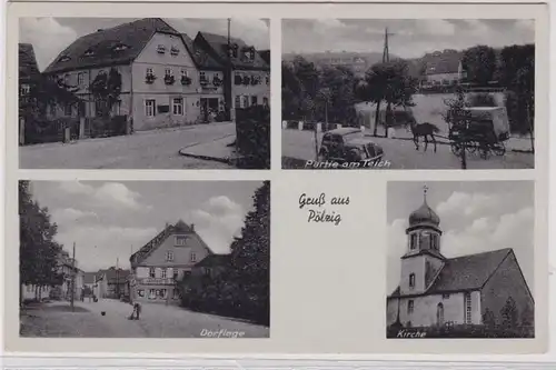 90806 AK Gruß aus Pölzig - Partie am Teich, Dorflage & Gasthof 1940