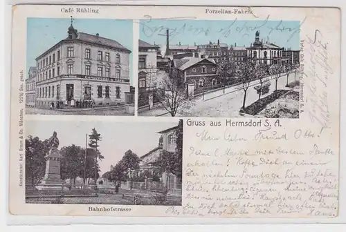 91303 Mehrbild Ak Gruß aus Hermsdorf S.-A. Café Rühling, Porzellan Fabrik 1906