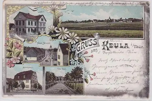 91793 Ak Lithographie Salutation de Keula à Thuringe école, pharmacie, etc 1899