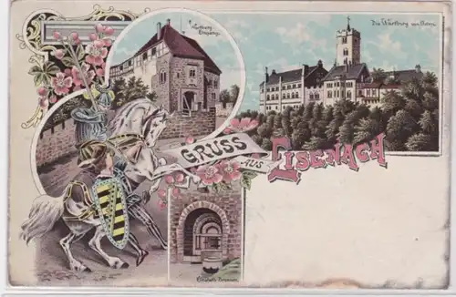 94503 Lithografie AK Gruss aus Eisenach - Wartburg, Ritter auf Pferd & Brunnen