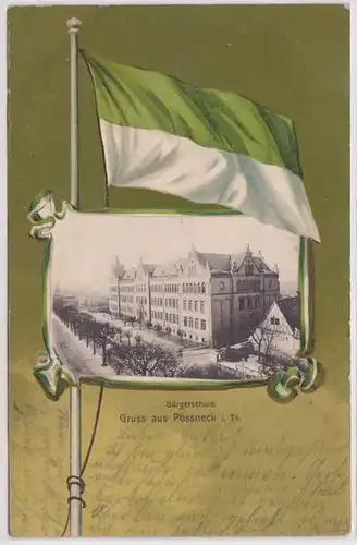 96101 Fahnen Ak Gruß aus Pössneck in Thüringen Bürgerschule 1901