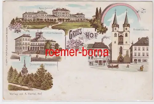 83797 Ak Lithografie Gruss aus Hof Neuer Bahnhof, Michaeliskirche um 1900