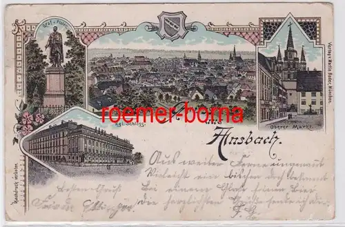 84221 Ak Lithografie Gruss aus Ansbach Oberer Markt, Schloss usw. 1898