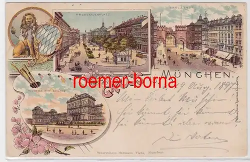 84360 Ak Lithographie Gruss de Munich Karlsthor, Promenadeplatz etc 1897