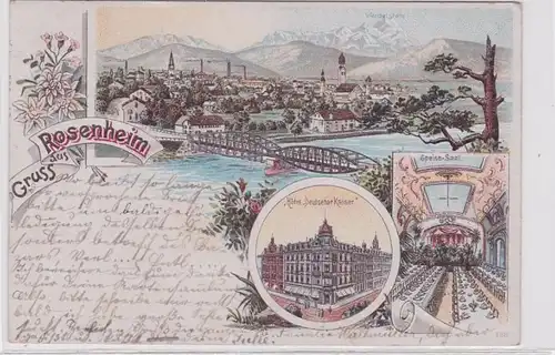 91353 Ak Lithographie Gruß aus Rosenheim Hotel Deutscher Kaiser usw. um 1900