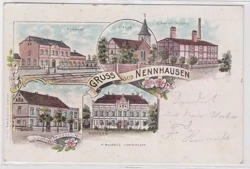 91790 Ak Lithographie Gruß aus Nennhausen Bahnhof, Ziegelei, Gasthof usw.um 1900