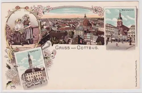 98418 Ak Lithographie Gruss de Cottbus Place du marché, hôtel de ville, etc. vers 1900