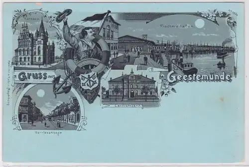 87520 Lithographie AK Gruss de Geestemünde - Hôtel de ville & Port vers 1900