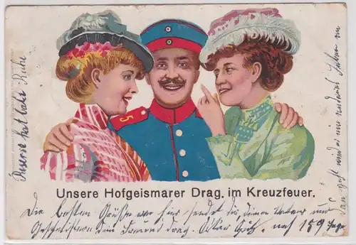 48083 Humor Ak Unsere Hofgeismarer Dragoner im Kreuzfeuer 1907