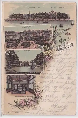89011 Ak Lithographie Gruss aus Wiesbaden Kochbrunnen, Kurhaus usw. 1898