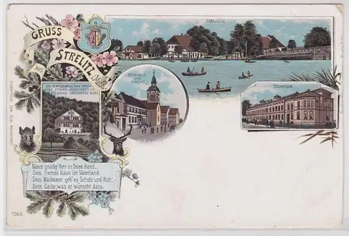 74561 Ak Lithographie Gruß aus Strelitz in Mecklenburg Technikum usw. um 1900