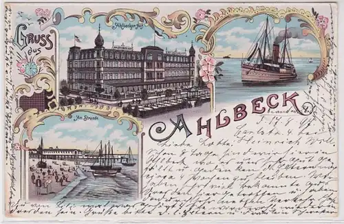 90930 Ak Lithographie Salutation de Ahlbeck Hotel, vapeur, plage 1897