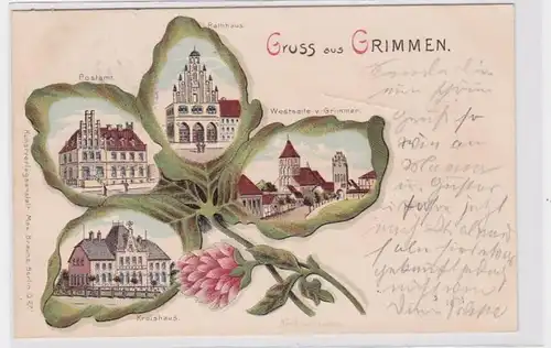 91222 Kleeblaft Ak Lithographie Salutation de Grimmen Kreishaus, Bureau de poste 1900