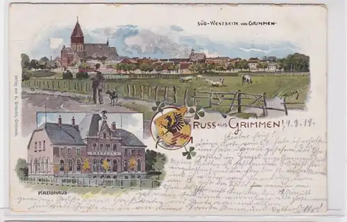 91227 Ak Lithographie Gruß aus Grimmen Kreishaus usw. 1918